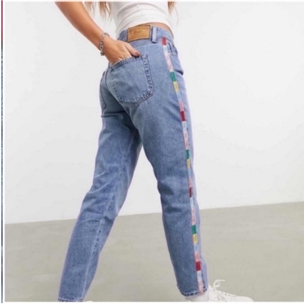 Polo Ralph Lauren Avery Boyfriend Light Blue Jeans with Colorful Stripes Seam - Picture 7 of 12
